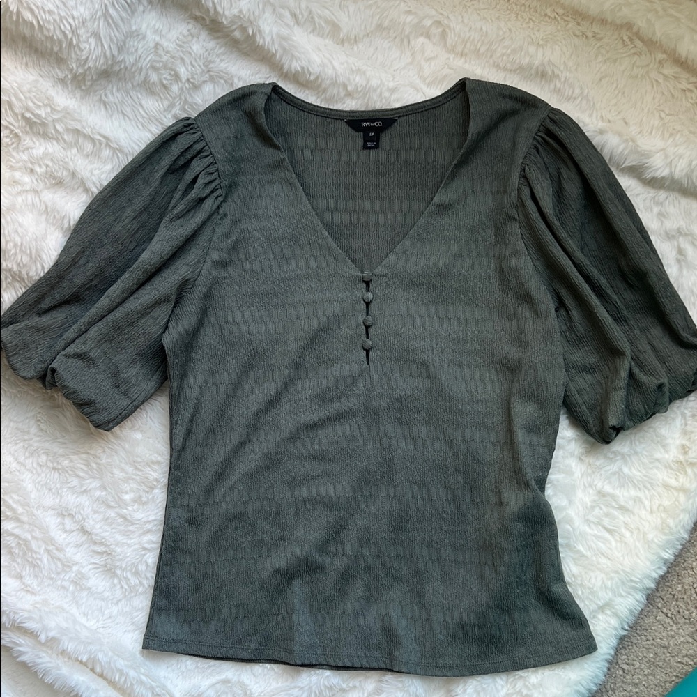 RW&CO. Dark Green Textured V-Neck Blouse with Button Detail